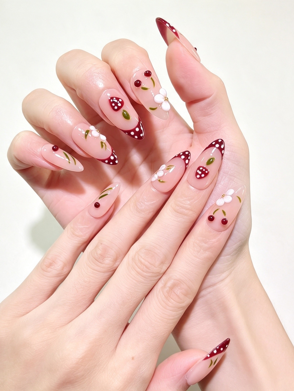 Cherry Blossom Polka Dot Red French Tip Handmade Medium Almond Press On Nails